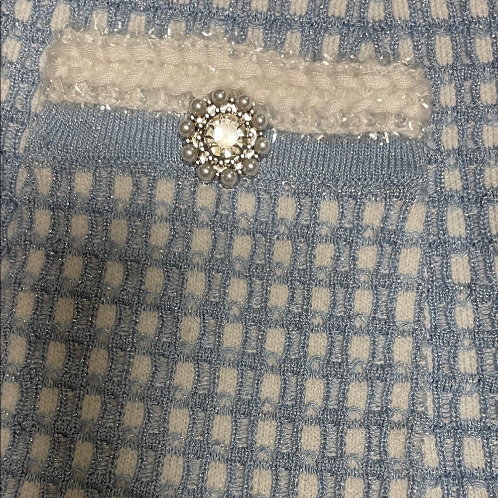 Blue and White check knit boucle ultra stretchy Dress with pearl/diamond buttons - Picture 3 of 10